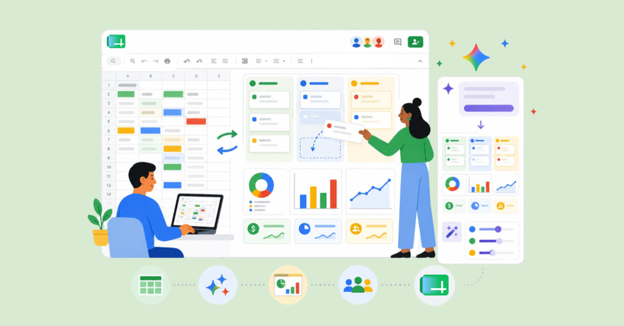 Dos usuarios organizan datos en un panel interactivo con tarjetas, gráficos y controles visuales personalizables.