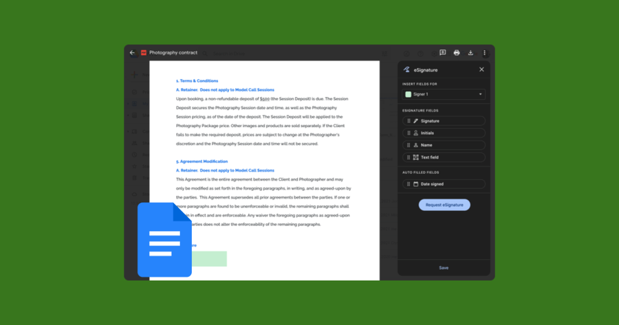 Interfaz de Google Docs mostrando opciones para agregar y rastrear firmas electrónicas en un archivo PDF.