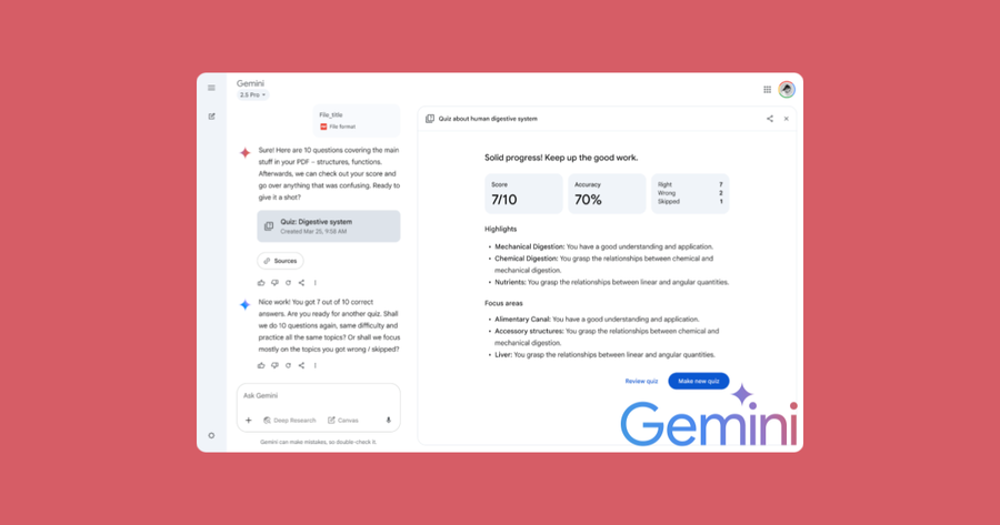 Interfaz de Gemini mostrando un quiz personalizado generado desde Canvas