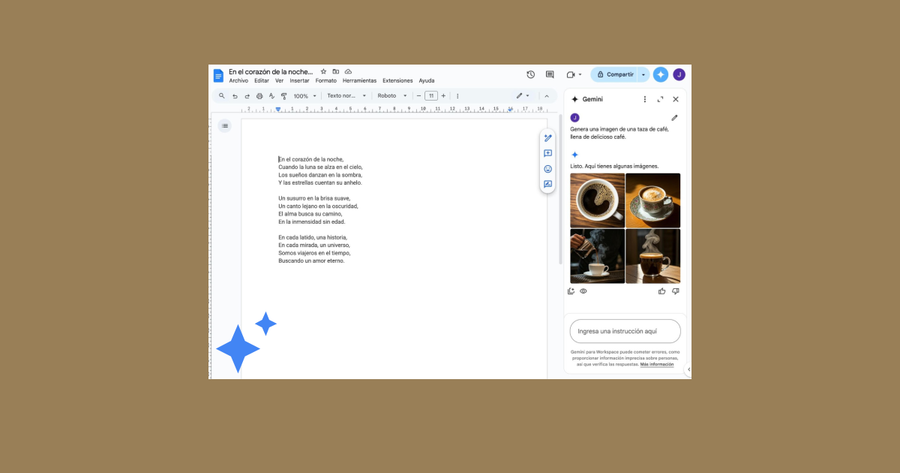 Interfaz de Gemini en el panel lateral de una app de Workspace, mostrando la generación de imágenes en español.