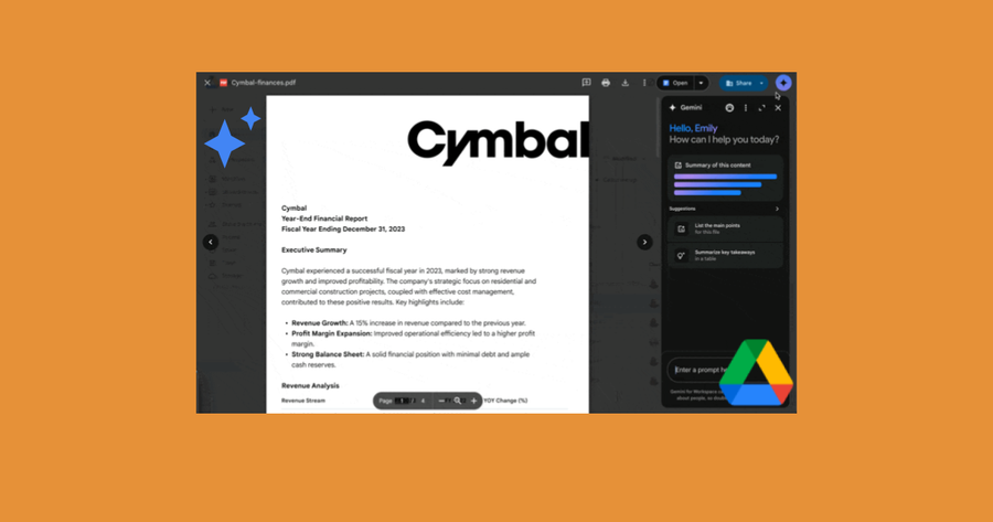 Captura de pantalla de Google Drive con la nueva función de Gemini, mostrando un PDF en vista previa superpuesta con opciones de resumen y extracción de contenido.