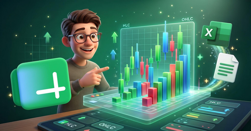 Ilustración 3D de un hombre señalando un gráfico bursátil sobre una hoja de cálculo con datos financieros.