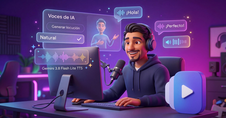 Personaje animado con auriculares frente a un micrófono y ordenador, generando voces con IA en un estudio iluminado en morado.