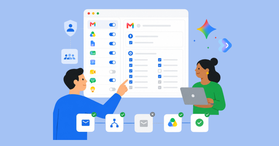 Personas configurando permisos y accesos a aplicaciones desde un panel de administración con listas de verificación y portátil.
