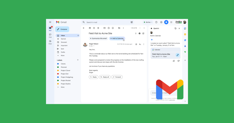 Interfaz de Gmail mostrando el panel lateral de gemini