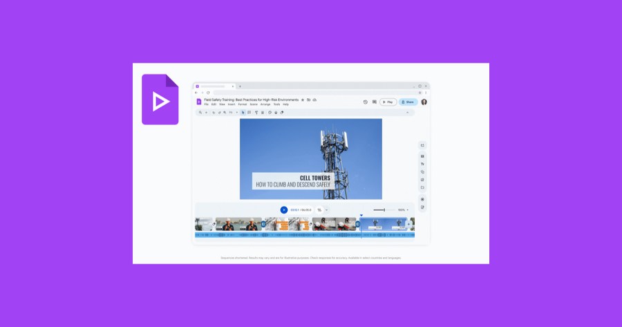 Interfaz de Google Vids mostrando la opción “Generar video” con un clip generado por IA en reproducción.